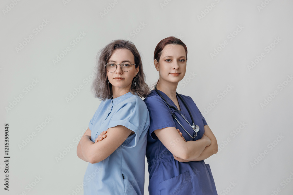 two female doctors or nurses in blue suit on white background medicine concept two female doctors or nurses in blue suit on white background medicine concept
