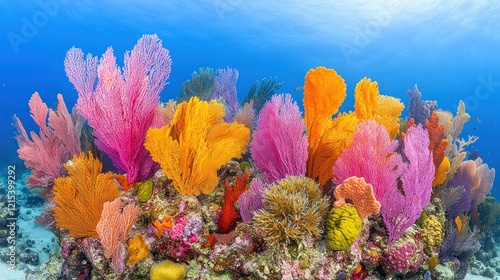 Vibrant coral reef teeming with colorful sea fans and diverse marine life. photo