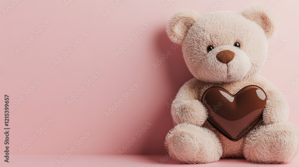 Teddy Bear with Heart Chocolate on Pink Background Teddy Bear with Heart Chocolate on Pink Background