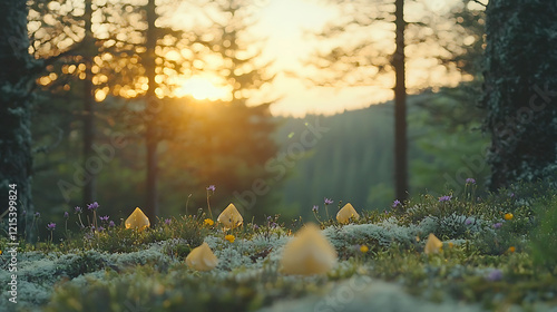 Golden hour illuminates whimsical, pale yellow objects nestled amongst vibrant wildflowers and soft moss in a serene forest setting.  Perfect for fantasy, nature, or wellness themes. photo