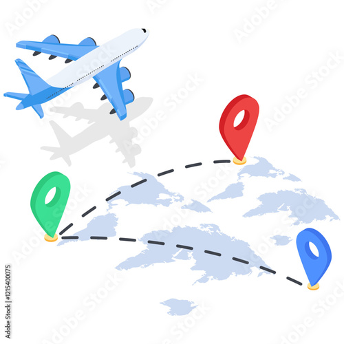 Airplane flying over a simplified World Map with dotted Travel Routes