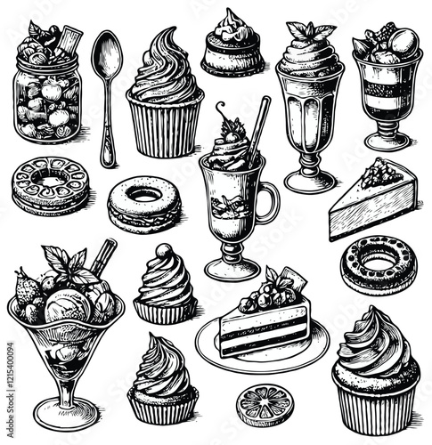 Set of hand drawn desserts and cakes in vintage engraved style. Vector illustration in sketch style, cupcakes, ice cream, cake, pie, macaroon, illustration in sketch style and sweets. Coffee icons set