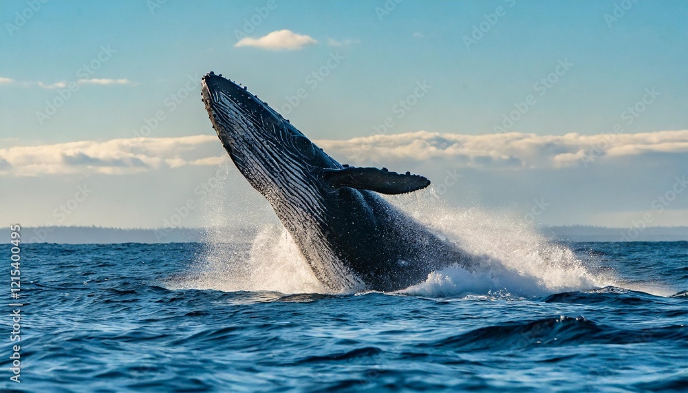 Fototapeta premium Humpback Whale Breaching Spectacularly in Ocean Waters, Capturing Nature’s Beauty
