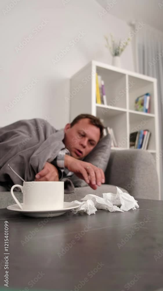 Seasonal diseases period. Sick man with flu, runny nose, fever and headache, lying wrapped in a blanket on a sofa Seasonal diseases period. Sick man with flu, runny nose, fever and headache, lying wrapped in a blanket on a sofa