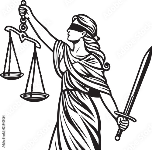 Lady of Justice, Law and Court, Drawing Linear Line Art Sketch Hand-drawn Black and White Vector Illustration