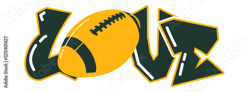 love - gold and green football ball, sport vector graphics, hockey, for street art - graffiti lettering typography - art illustration - multicolor -