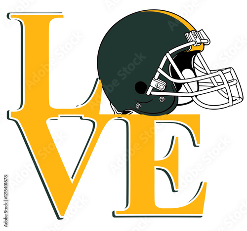 love - gold and green football player helmet, sport vector graphics, hockey, for street art - graffiti lettering typography - art illustration - multicolor -