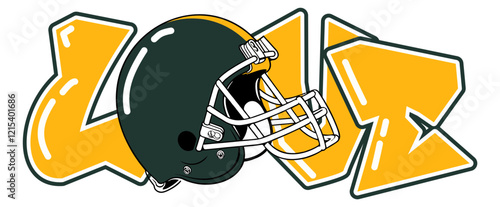 love - gold and green football player helmet, sport vector graphics, hockey, for street art - graffiti lettering typography - art illustration - multicolor -