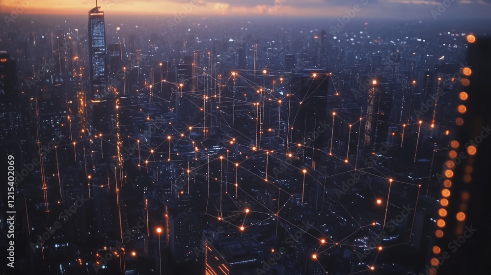 Fototapeta premium Smart digital Innovation city with connection network reciprocity over the twilight cityscape. of future smart wireless digital city and social media networking systems that connects people with city 