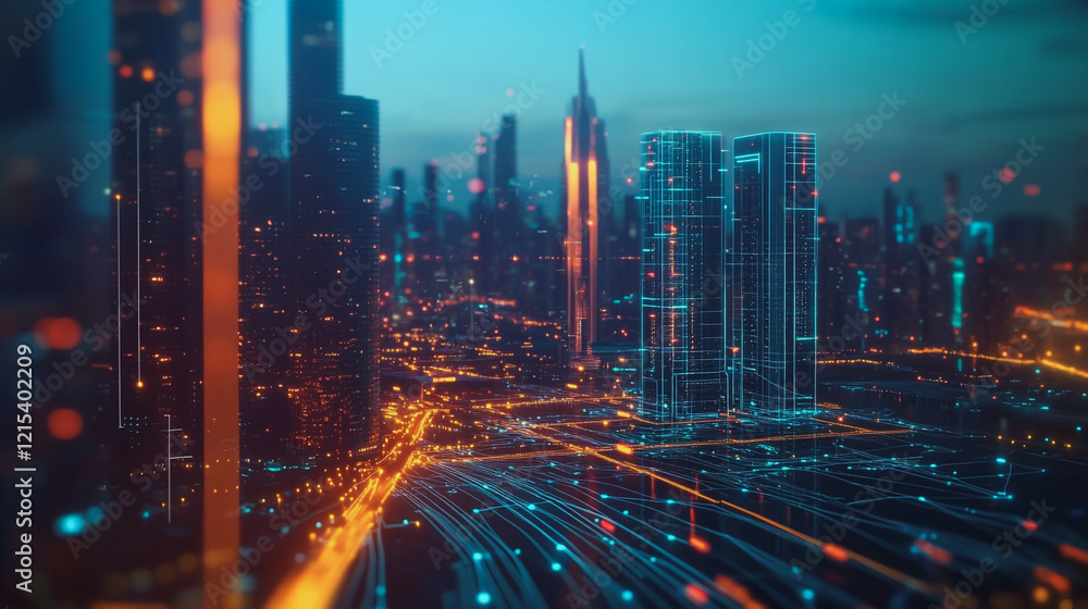 Smart digital Innovation city with connection network reciprocity over the twilight cityscape. of future smart wireless digital city and social media networking systems that connects people with city
