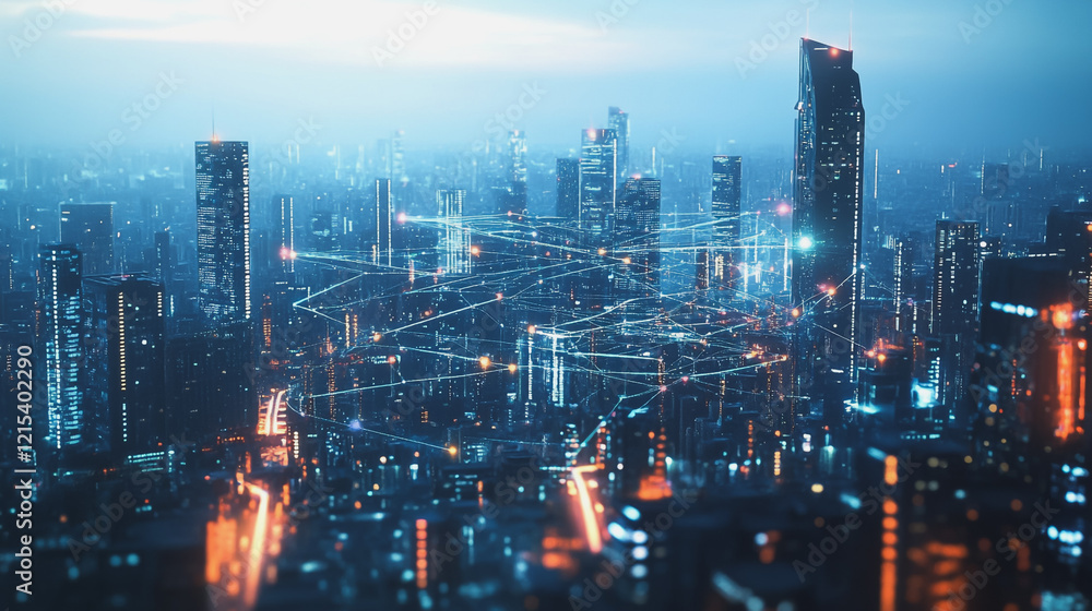 Fototapeta premium Smart digital Innovation city with connection network reciprocity over the twilight cityscape. of future smart wireless digital city and social media networking systems that connects people with city 