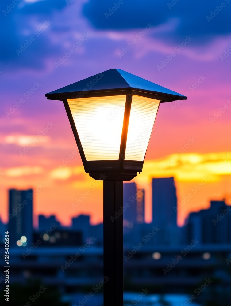 Cityscape Sunset Lamppost - Illuminated lamppost stands silhouetted against a vibrant sunset over a city skyline. Warm colors and soft light create a tranquil scene. Cityscape Sunset Lamppost - Illuminated lamppost stands silhouetted against a vibrant sunset over a city skyline. Warm colors and soft light create a tranquil scene.