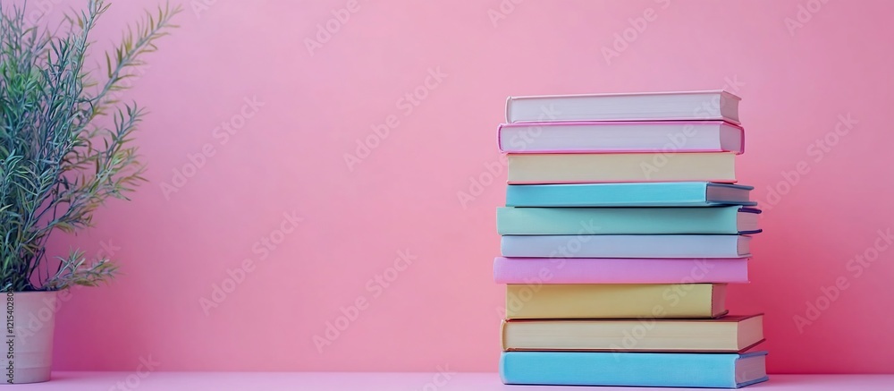 Pastel Book Stack Against Pink Wall Pastel Book Stack Against Pink Wall