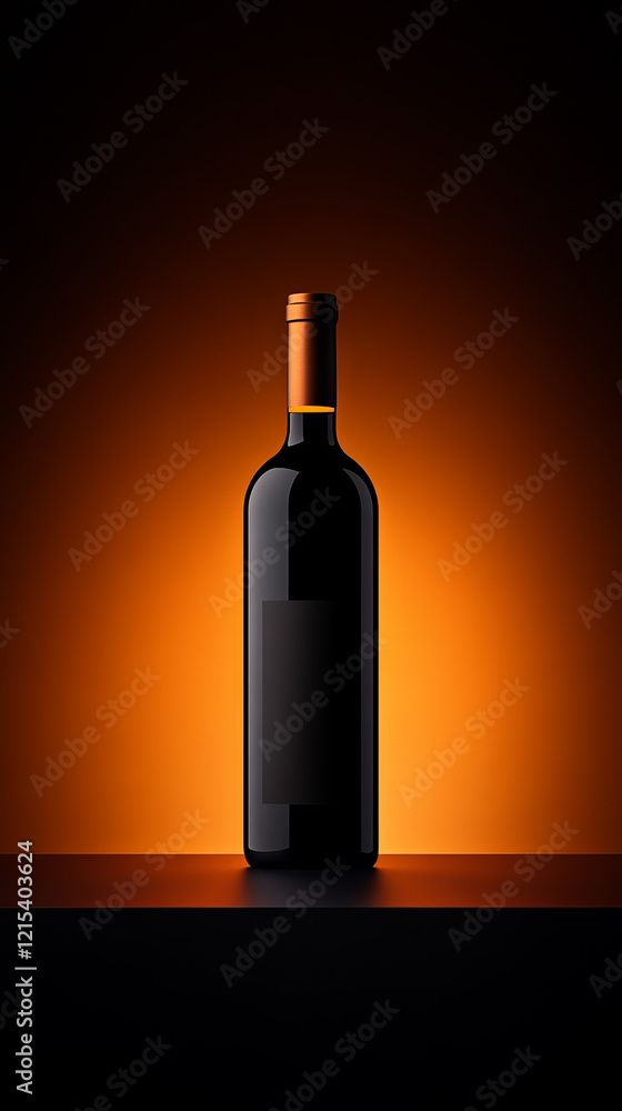 Black wine bottle with a copper cap and blank label placed on a dark surface, illuminated by a vibrant orange gradient background. Studio product mockup with copy space for branding and advertising. Black wine bottle with a copper cap and blank label placed on a dark surface, illuminated by a vibrant orange gradient background. Studio product mockup with copy space for branding and advertising.