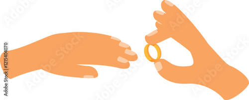 One hand putting a wedding ring on another hand, symbolizing a marriage proposal