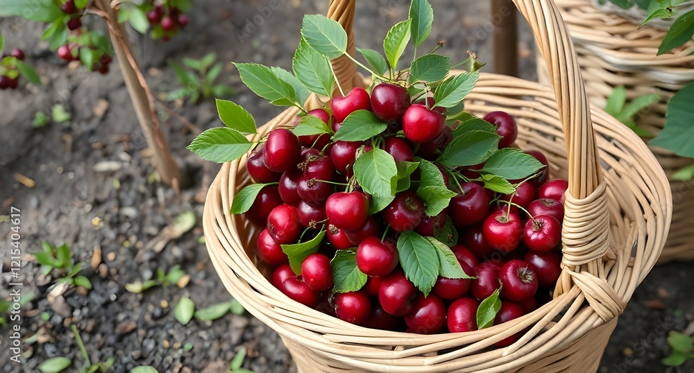 Wicker basket with cherries, in the garden. Wicker basket with cherries, in the garden.