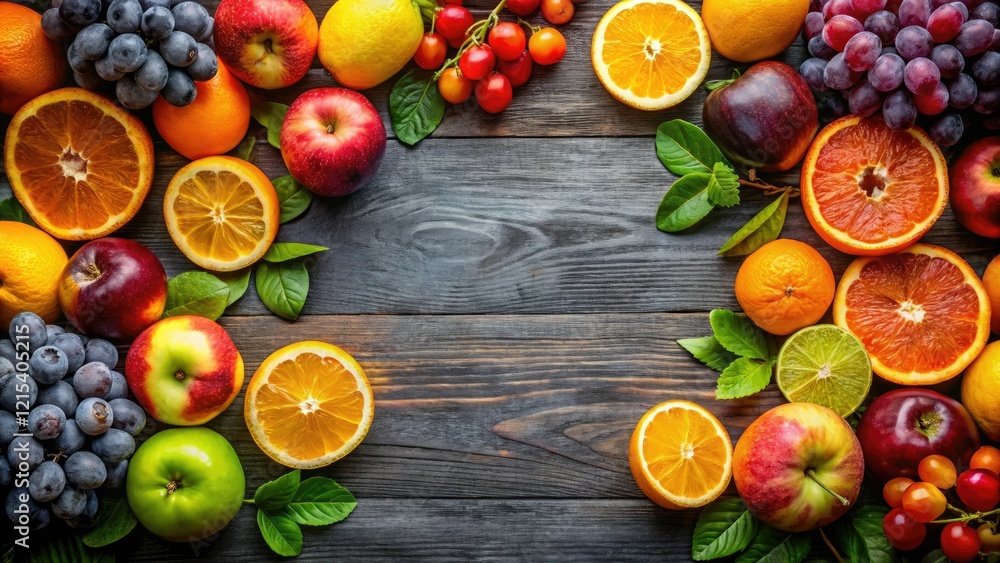 Flat lay of various fruits such as oranges, apples, grapes on a table surface, healthy eating, food