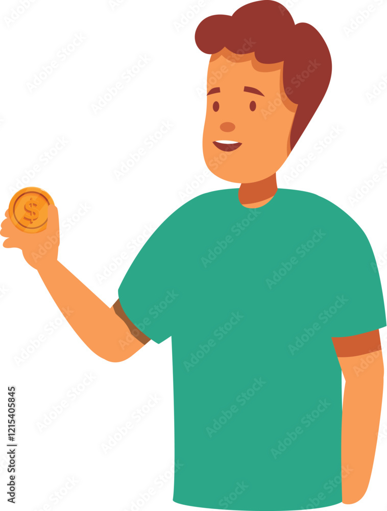 Young boy proudly displays a gold coin, symbolizing early savings habits and financial literacy for kids Young boy proudly displays a gold coin, symbolizing early savings habits and financial literacy for kids