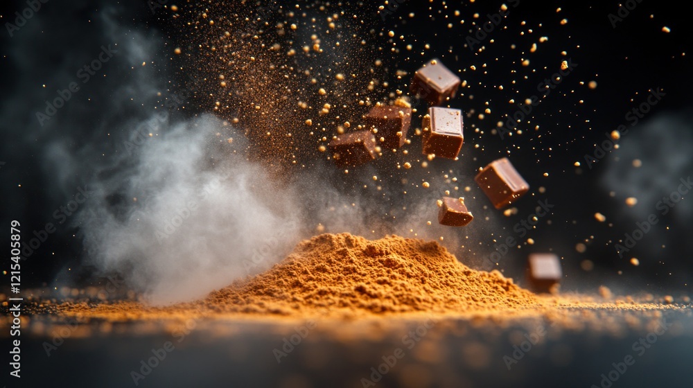 Obraz premium Chocolate cubes exploding cocoa powder studio