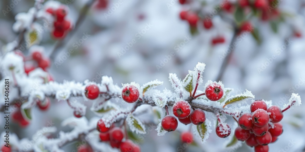 Frost covering bright red berries on tree branch in winter, frost, botanical, natural Frost covering bright red berries on tree branch in winter, frost, botanical, natural