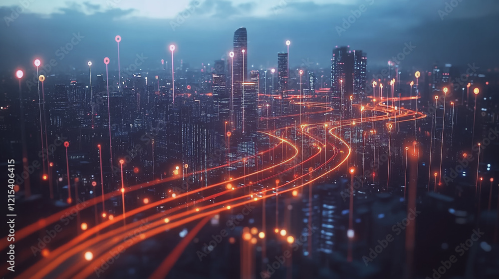 Smart digital Innovation city with connection network reciprocity over the twilight cityscape. of future smart wireless digital city and social media networking systems that connects people with city Smart digital Innovation city with connection network reciprocity over the twilight cityscape. of future smart wireless digital city and social media networking systems that connects people with city