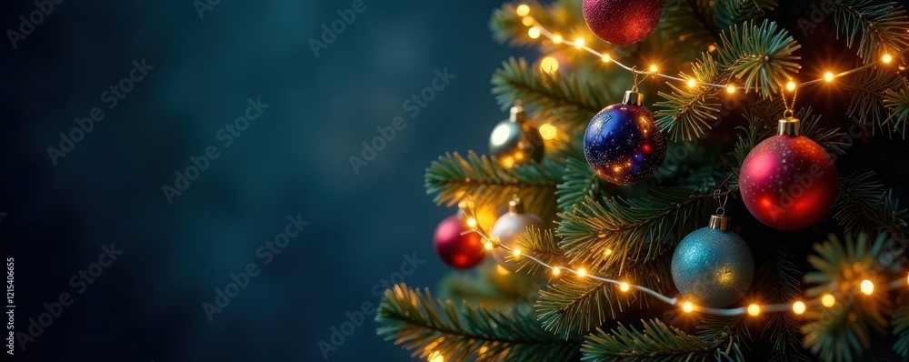 A towering Christmas tree shines brightly under twinkling string lights and colorful glass baubles, shiny, colors A towering Christmas tree shines brightly under twinkling string lights and colorful glass baubles, shiny, colors