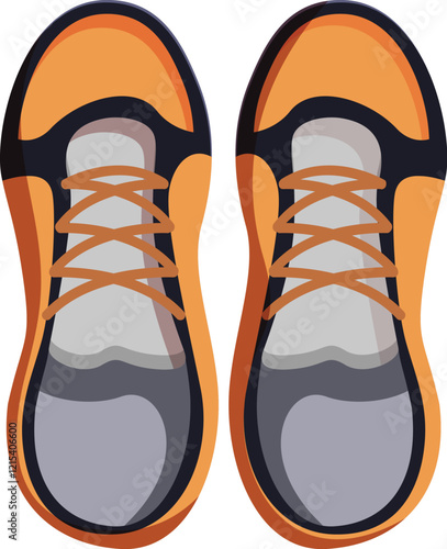 Close up top view of orange and grey sneakers with brown laces