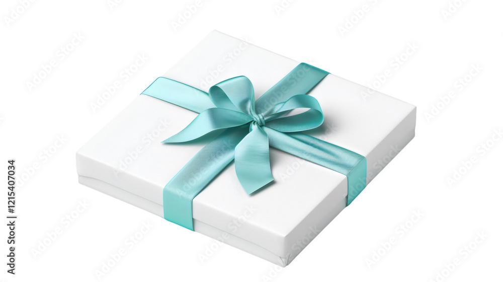 White gift box tied with a blue satin ribbon 3D rendered isolated on a white background White gift box tied with a blue satin ribbon 3D rendered isolated on a white background
