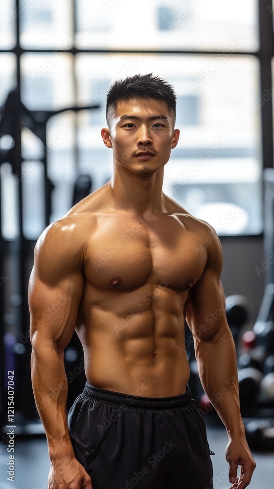 Athletic Asian man poses confidently in a bright gym surrounded by fitness equipment and natural light Athletic Asian man poses confidently in a bright gym surrounded by fitness equipment and natural light