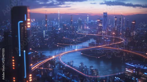 Wallpaper Mural Smart digital Innovation city with connection network reciprocity over the twilight cityscape. of future smart wireless digital city and social media networking systems that connects people with city Torontodigital.ca