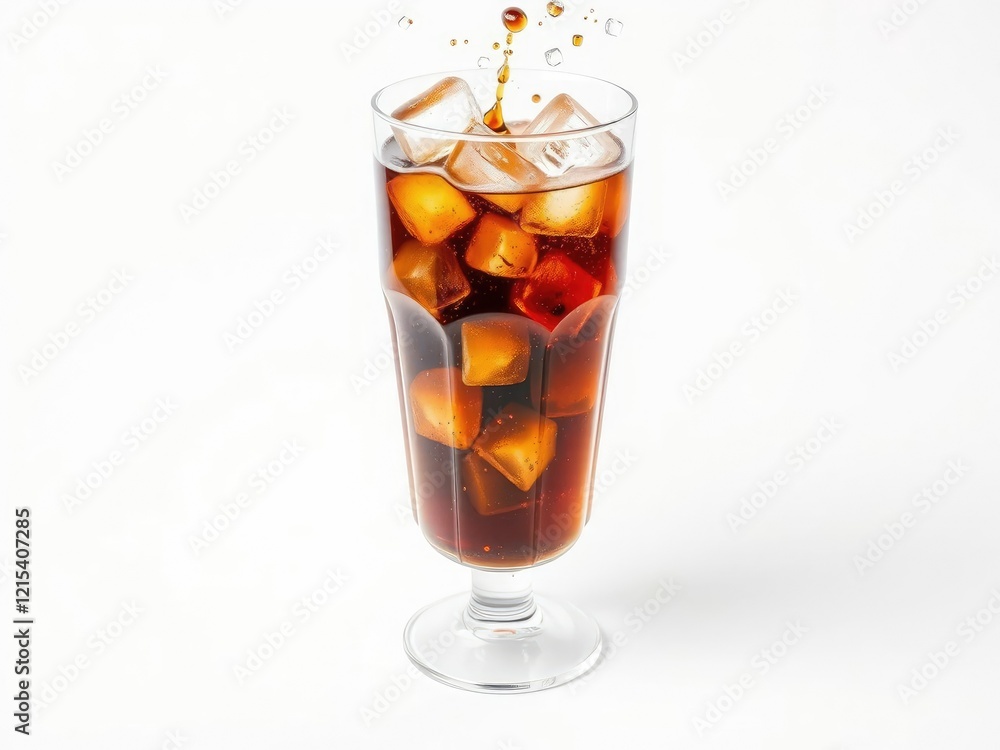 Cola glass with falling ice cubes on white background, concept, ice cubes Cola glass with falling ice cubes on white background, concept, ice cubes