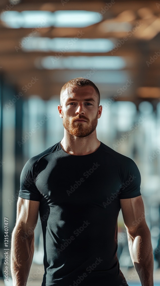 European man in strong build stands confidently in a bright gym wearing sportswear amidst a blurred background European man in strong build stands confidently in a bright gym wearing sportswear amidst a blurred background