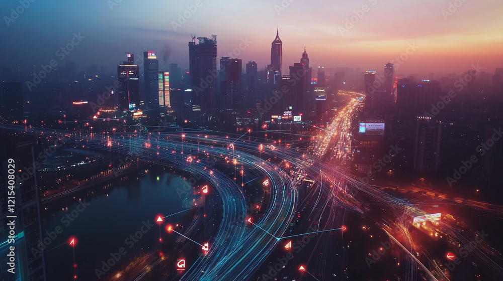 Fototapeta premium Smart digital Innovation city with connection network reciprocity over the twilight cityscape. of future smart wireless digital city and social media networking systems that connects people with city
