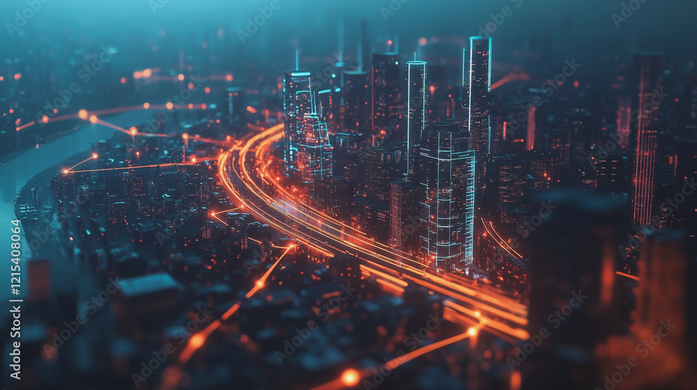 Fototapeta premium Smart digital Innovation city with connection network reciprocity over the twilight cityscape. of future smart wireless digital city and social media networking systems that connects people with city