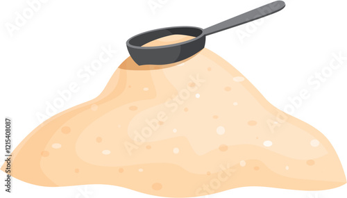 Black plastic measuring scoop resting on a pile of dry powder substance, likely whey protein, creatine, collagen, flour, or similar, isolated on white background