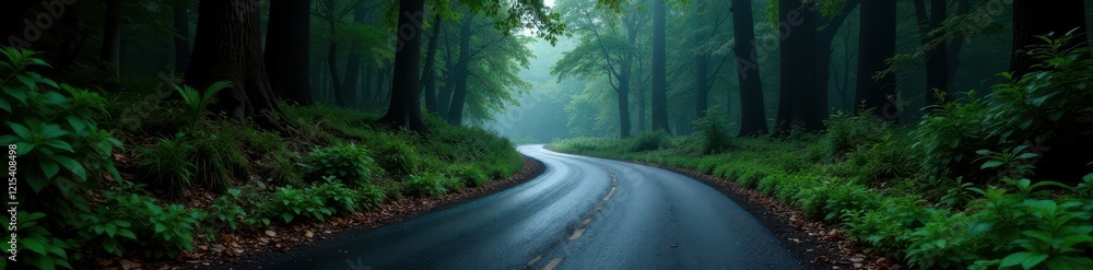 Dark granite road winding through dense forest, forest, earthy tones Dark granite road winding through dense forest, forest, earthy tones