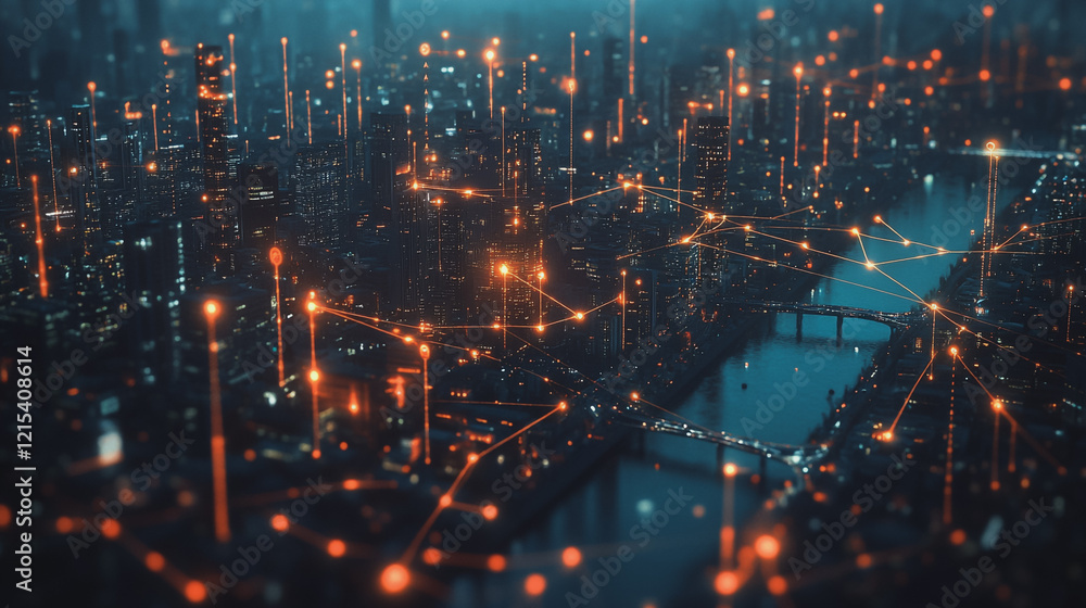 Fototapeta premium Smart digital Innovation city with connection network reciprocity over the twilight cityscape. of future smart wireless digital city and social media networking systems that connects people with city
