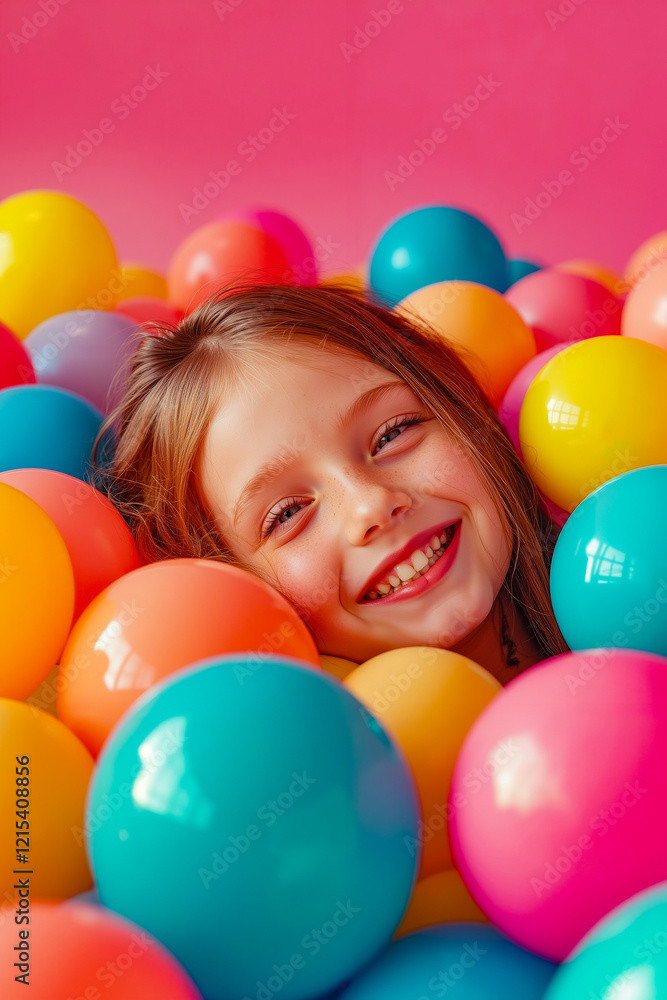 Obraz premium A little girl smiles as she is surrounded by colorful balloons