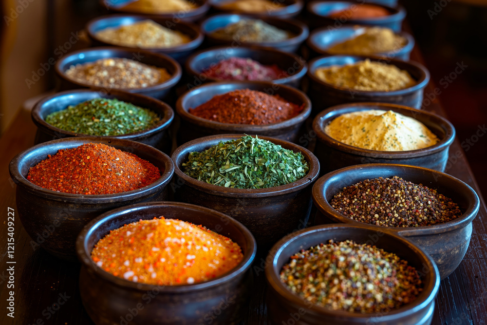 A table topped with bowls filled with different types of spices A table topped with bowls filled with different types of spices