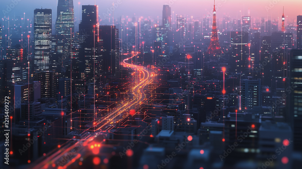 Smart digital Innovation city with connection network reciprocity over the twilight cityscape. of future smart wireless digital city and social media networking systems that connects people with city Smart digital Innovation city with connection network reciprocity over the twilight cityscape. of future smart wireless digital city and social media networking systems that connects people with city