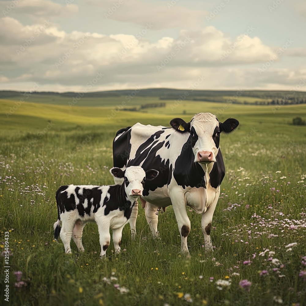 village-style photograph of a black and white spotted cow and its calf standing together in a serene meadow village-style photograph of a black and white spotted cow and its calf standing together in a serene meadow