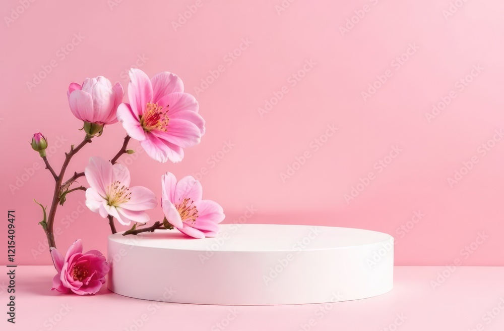 White stone podium, Cosmetic display stand with blossom flowers on pink background White stone podium, Cosmetic display stand with blossom flowers on pink background