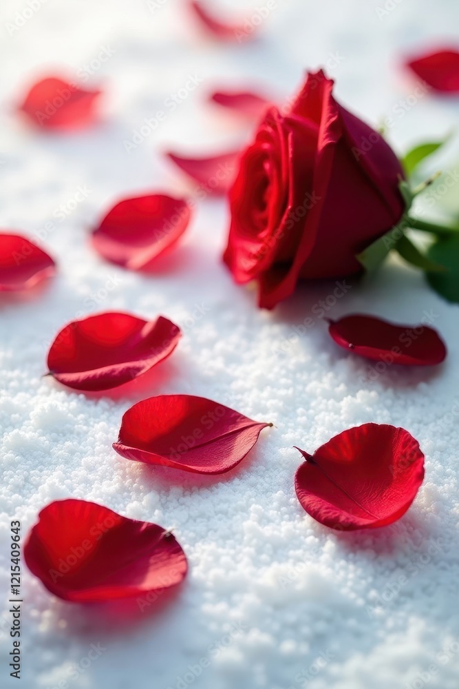 Elegant red rose petals on a snowy white surface, love, delicate details Elegant red rose petals on a snowy white surface, love, delicate details