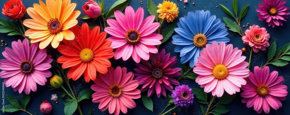 Fragmented flowers in a vibrant multicolor arrangement, vibrant, scattered Fragmented flowers in a vibrant multicolor arrangement, vibrant, scattered