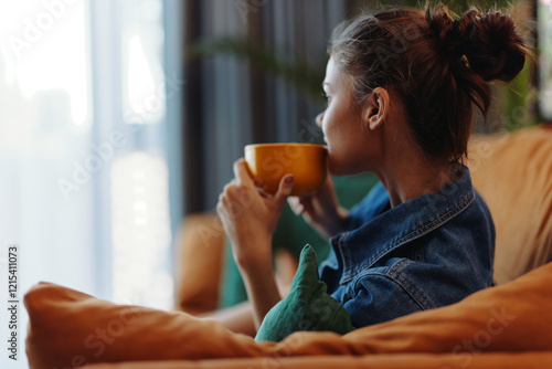 Obraz na plátně A woman sitting on a couch with a cup of coffee, looking out the window in conte