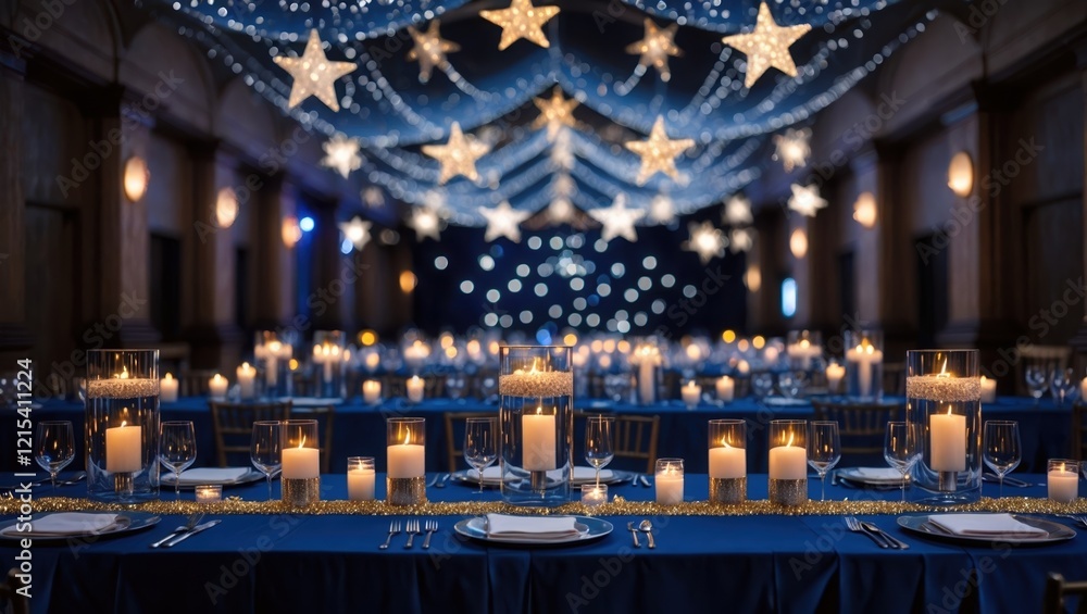 Fototapeta premium Magical banquet hall with stars and fairy lights for elegant celebrations.