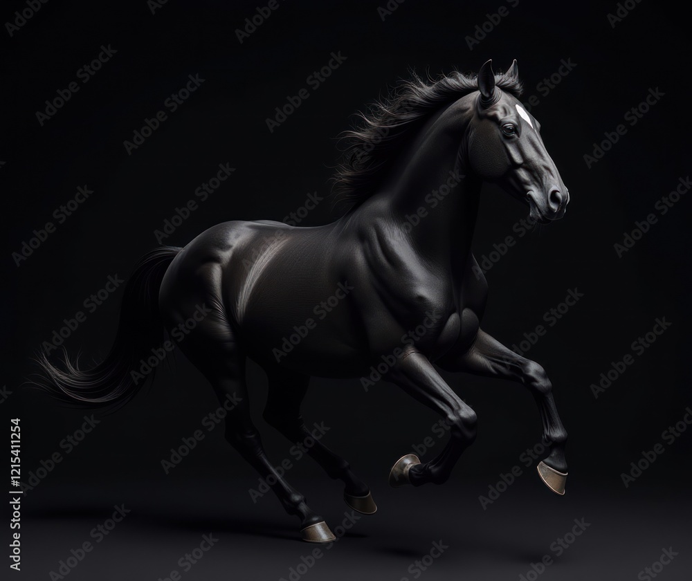 Fototapeta premium Galloping Black Horse in Dark Interior Background. 3d render