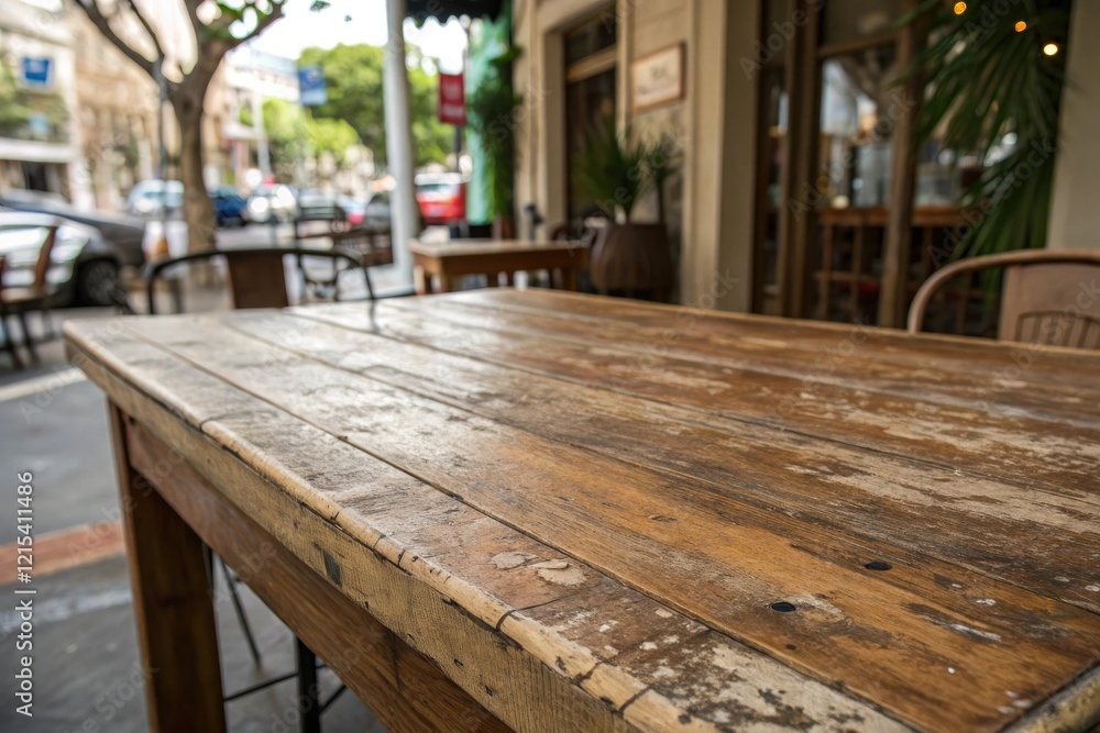 Distressed wooden table top with worn patina, table features, wooden accent Distressed wooden table top with worn patina, table features, wooden accent