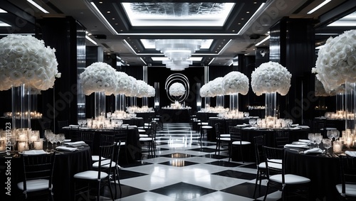 Luxurious Black and White Banquet Hall with Floral Arrangements