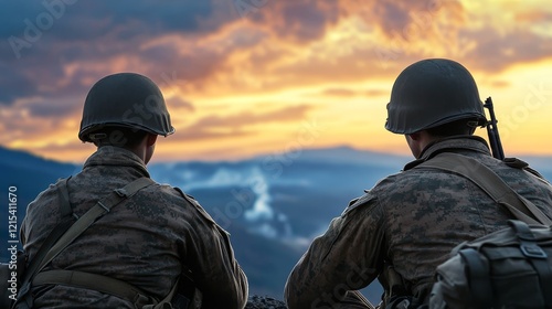 Soldiers Sunset Vigil - Two soldiers in camouflage uniforms sit on a hilltop, watching a vibrant sunset over a mountainous landscape.  A sense of peace and reflection is conveyed. photo